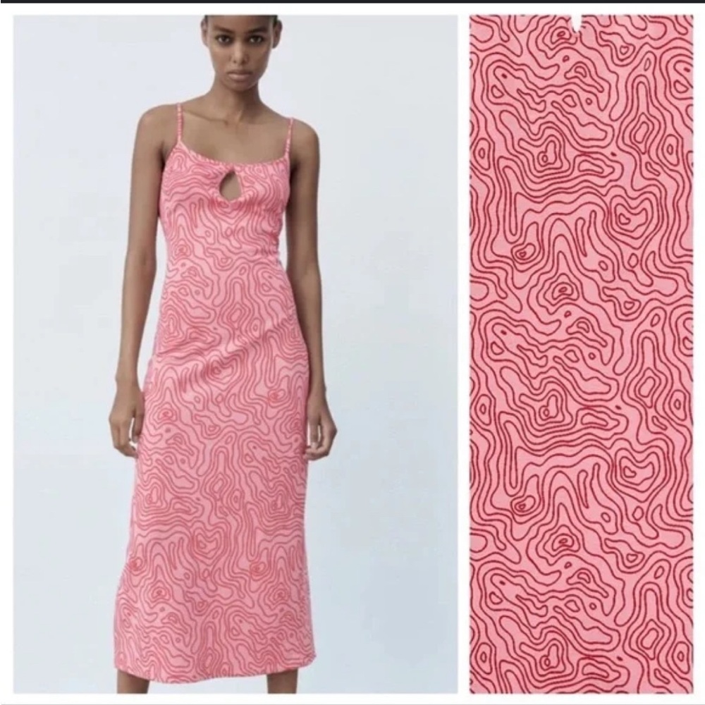 NWT ZARA women’s pink and red jacquard midi dress size large